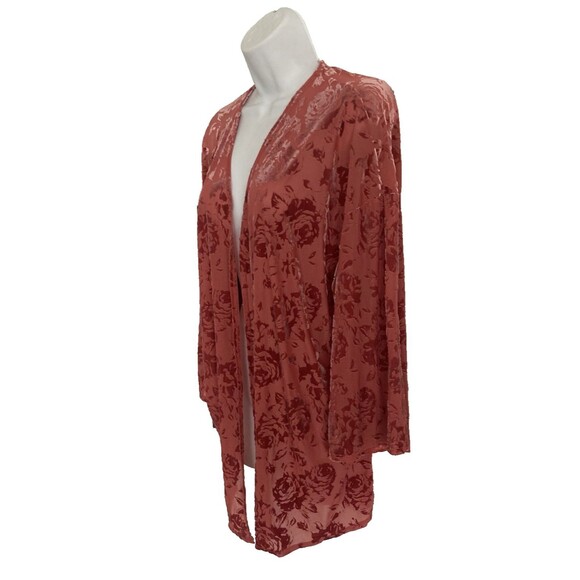 Thyme & Honey Open Front Cardigan Size L Pink Floral Sheer Velour Bell Sleeves - Picture 4 of 10